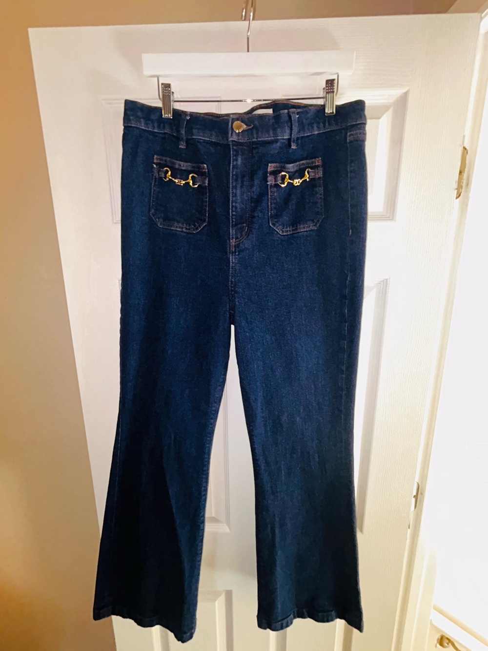 LOFT Dark Indigo Flare Jeans with Gold-Tone Pocket Accents